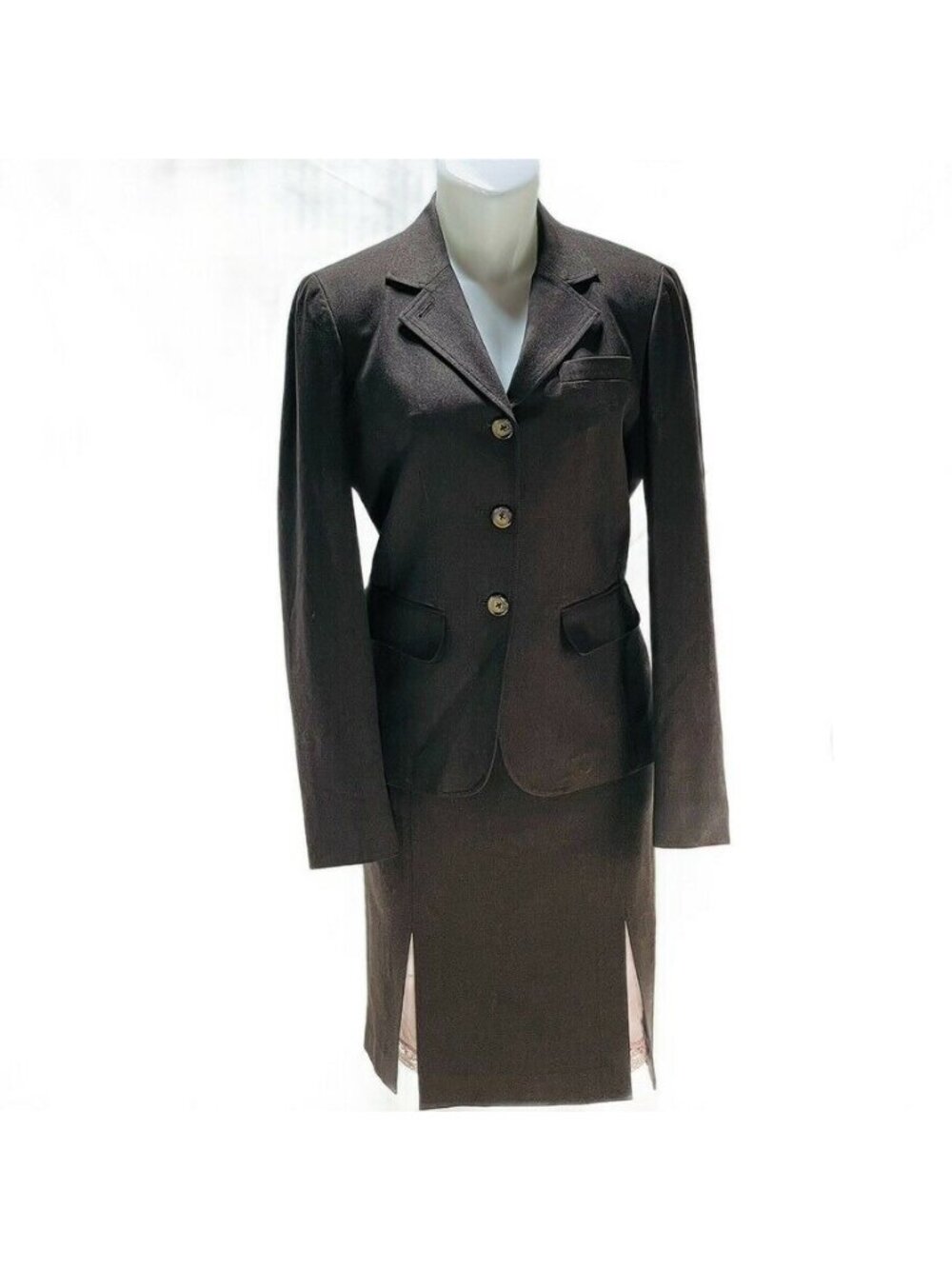 DKNY City Womens Black Blazer & Skirt Suit Set Size 8 With Pink Striped Lining - Picture 3 of 12